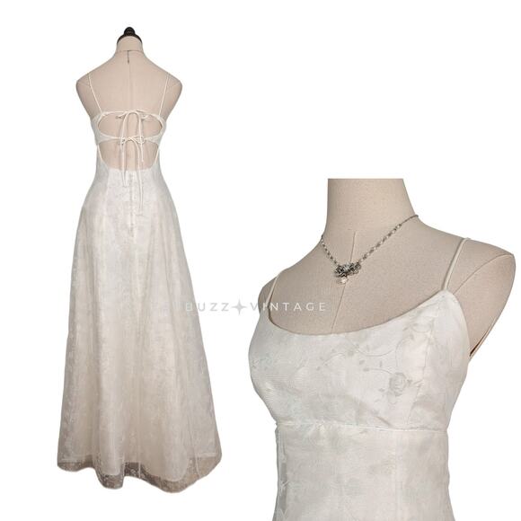 Vintage Morgan Co Prom Dress Maxi Gown 4 Cream Ivory 90s Y2K Floral Empire Bride - Picture 1 of 14